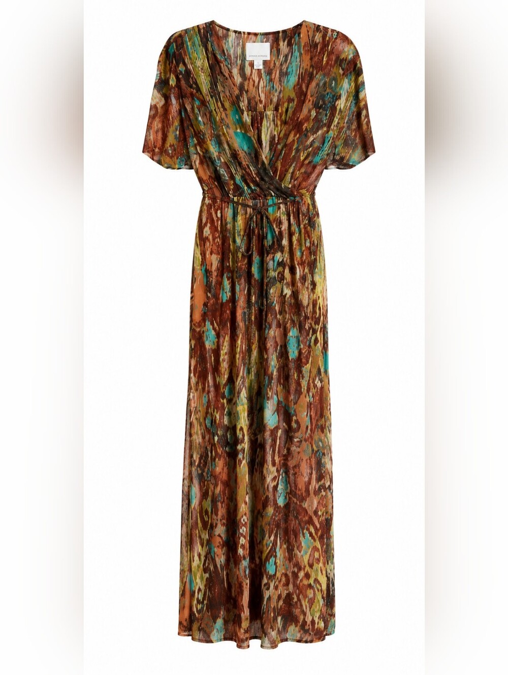 Donna Morgan Abstract Boho Maxi Dress Empire Waist Tie Back Short Sleeve Size 2